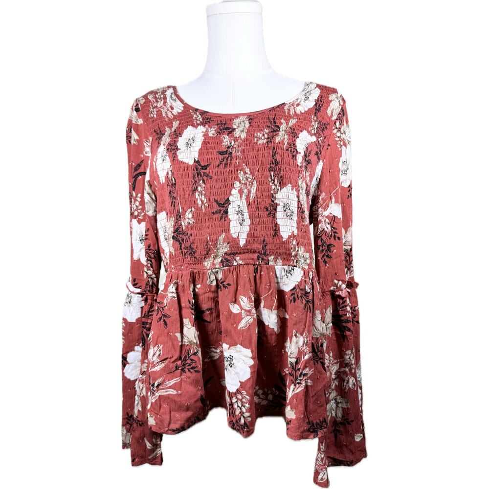 Torrid, Women’s Size 0 (Large/12), crinkle midi top blouse, rust with flowers
